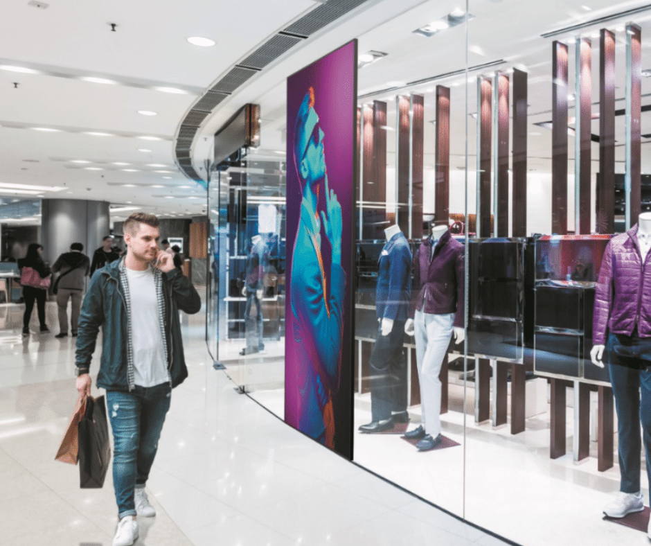 Photo d'un ecran vitrine dans un centre commercial.